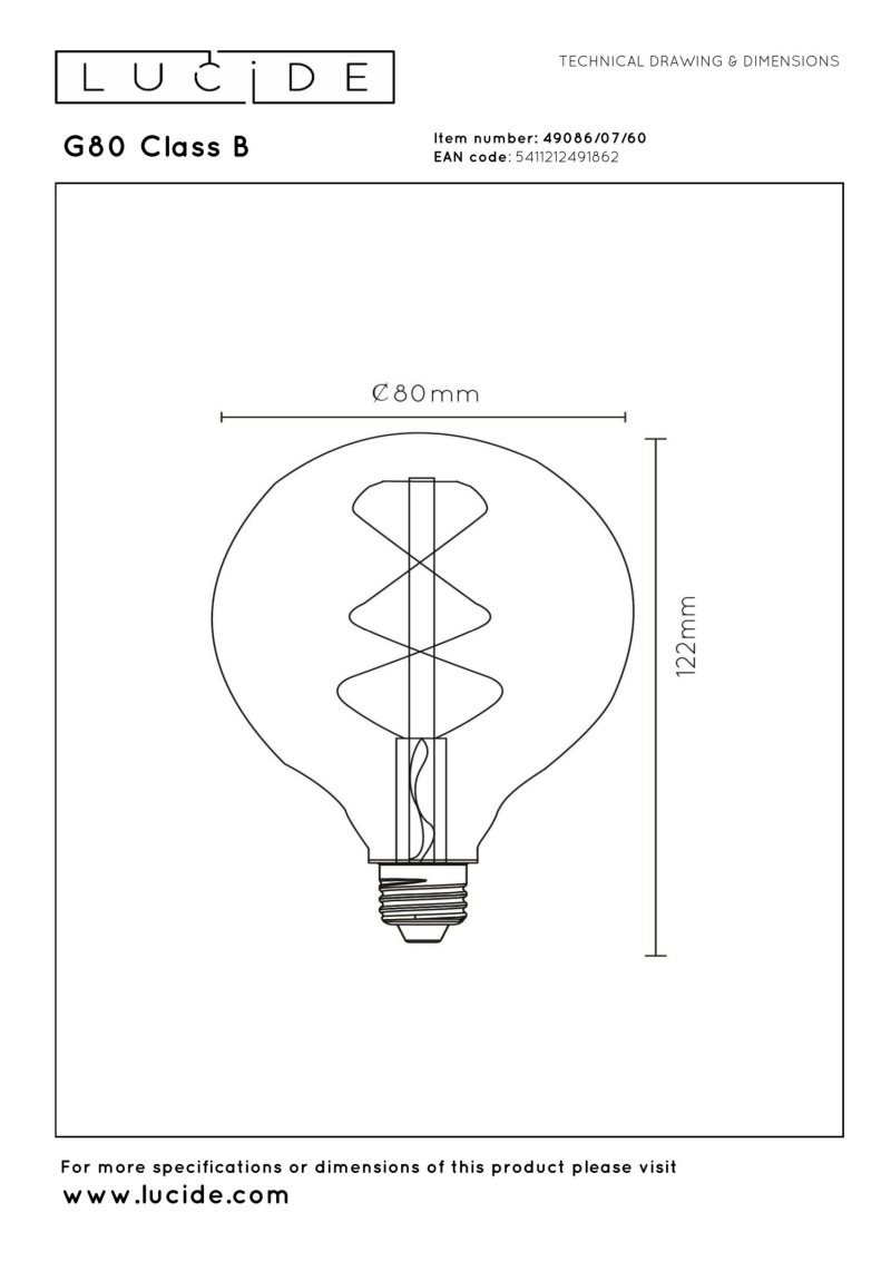 Lucide G80 Trieda B - Žiarovka s vláknom - Ø 8 cm - LED Rozm. - E27 - 1x7W 2700K - Transparent